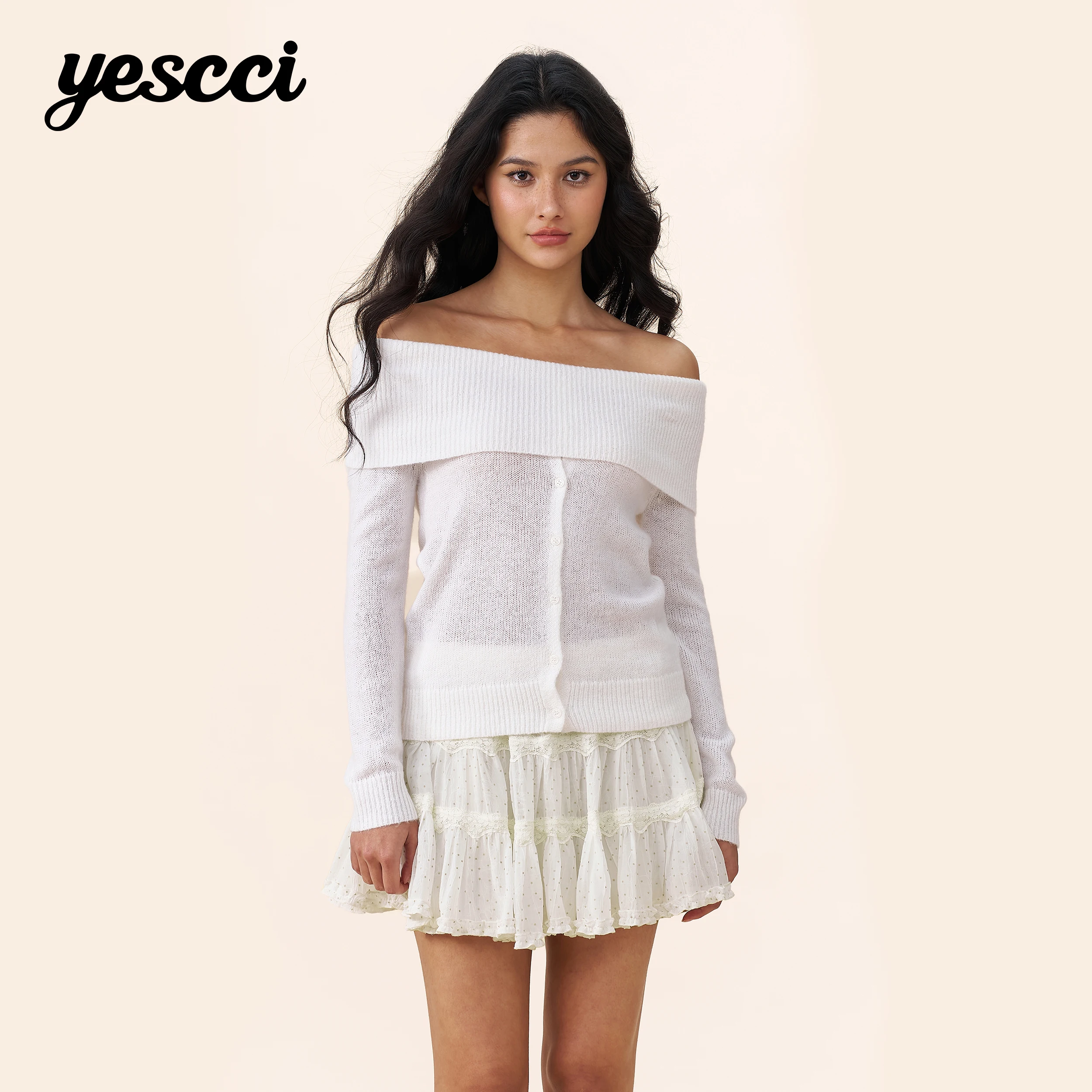 YESCCI Off‑Shoulder Women's Sweater Autumn New Basic Slim Warm Skin‑Friendly Jumper Elegant Cozy Pullover Knitwear S56130665