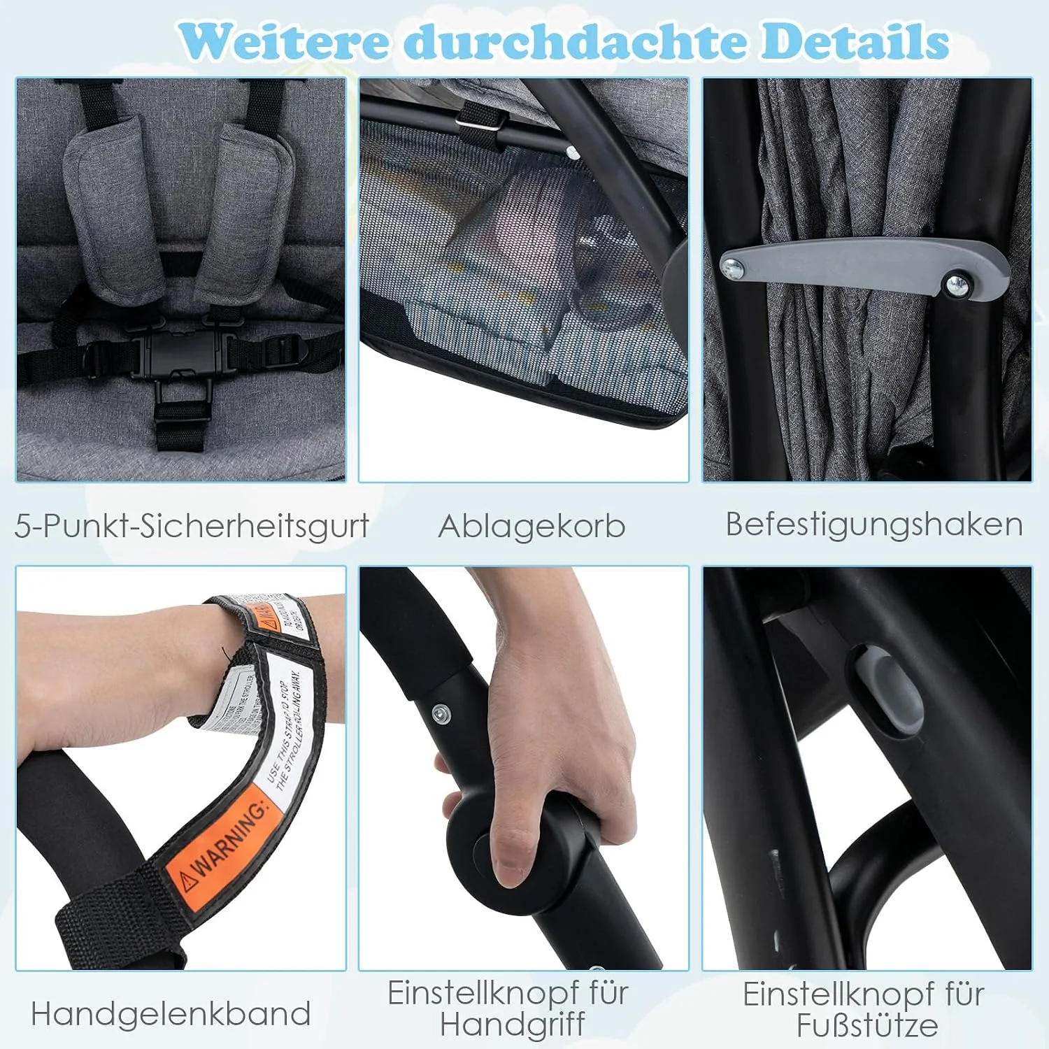 Klappbarer Doppelkinderwagen, Doppelkinderwagen mit verstellbarer Rückenlehne und Kapuze, Reisebuggy mit Liegefunktion – Detail 5
