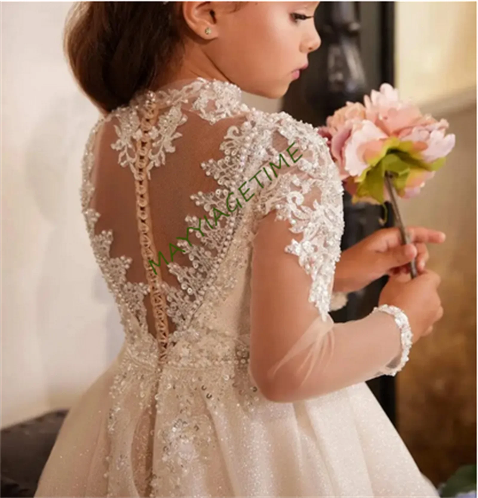 Luxury Ivory Flower Girl Dress for Wedding 2-14Y Teen Girls Graduation Party Long Sleeves Pageant Gown First Communion Dress