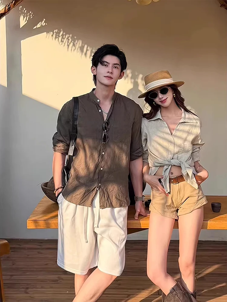 Island Vacation Style Men's Long Sleeve Sun Protection Silk Linen Shirt Short Pants Fashion Set Summer  Look Couple Outfit view 2