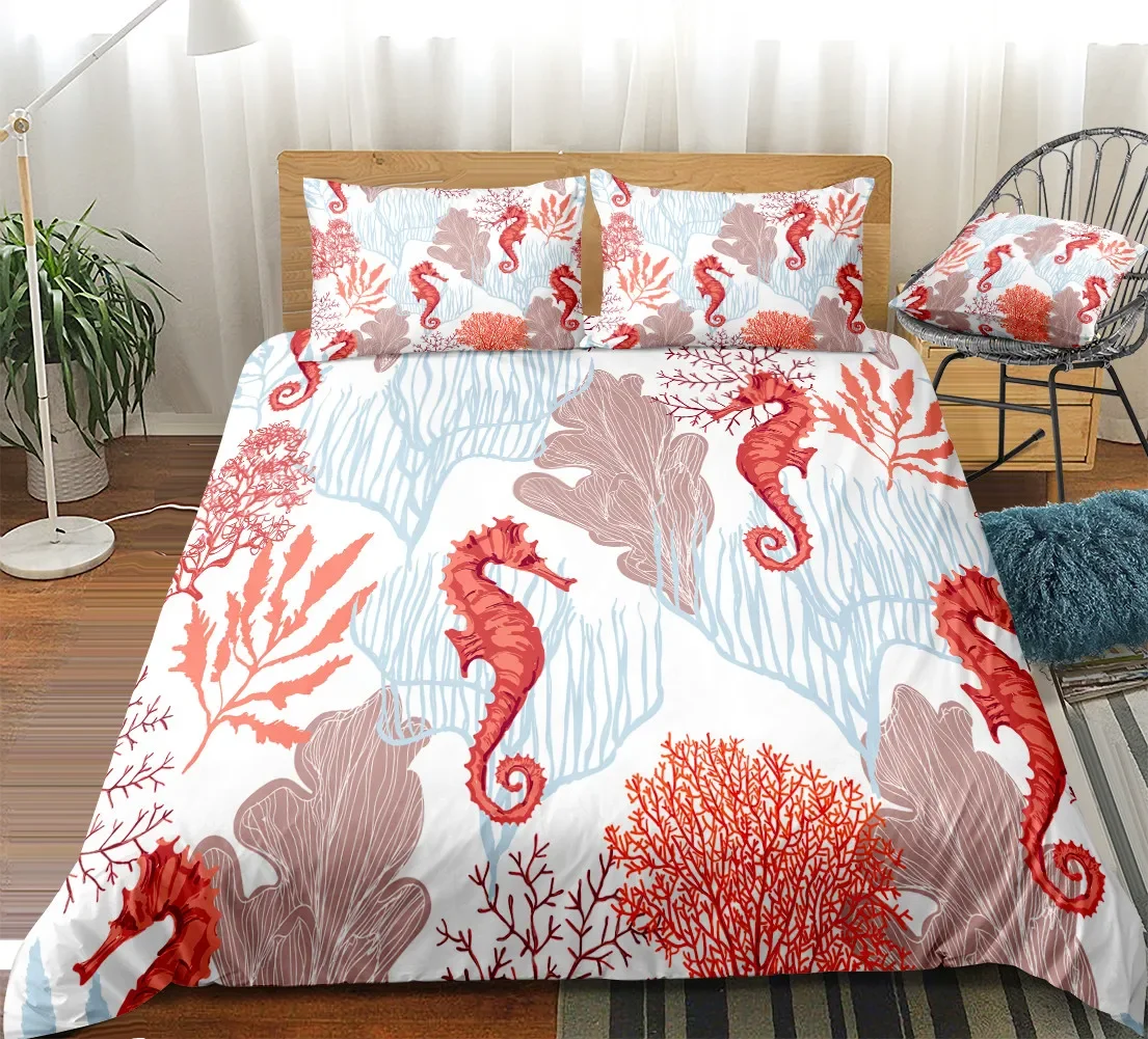 

Seahorse Bedding Set Ocean Animal Duvet Cover King Queen Size Orange Coral Marine Life Home Textile Sea Urchin Soft Quilt Cover