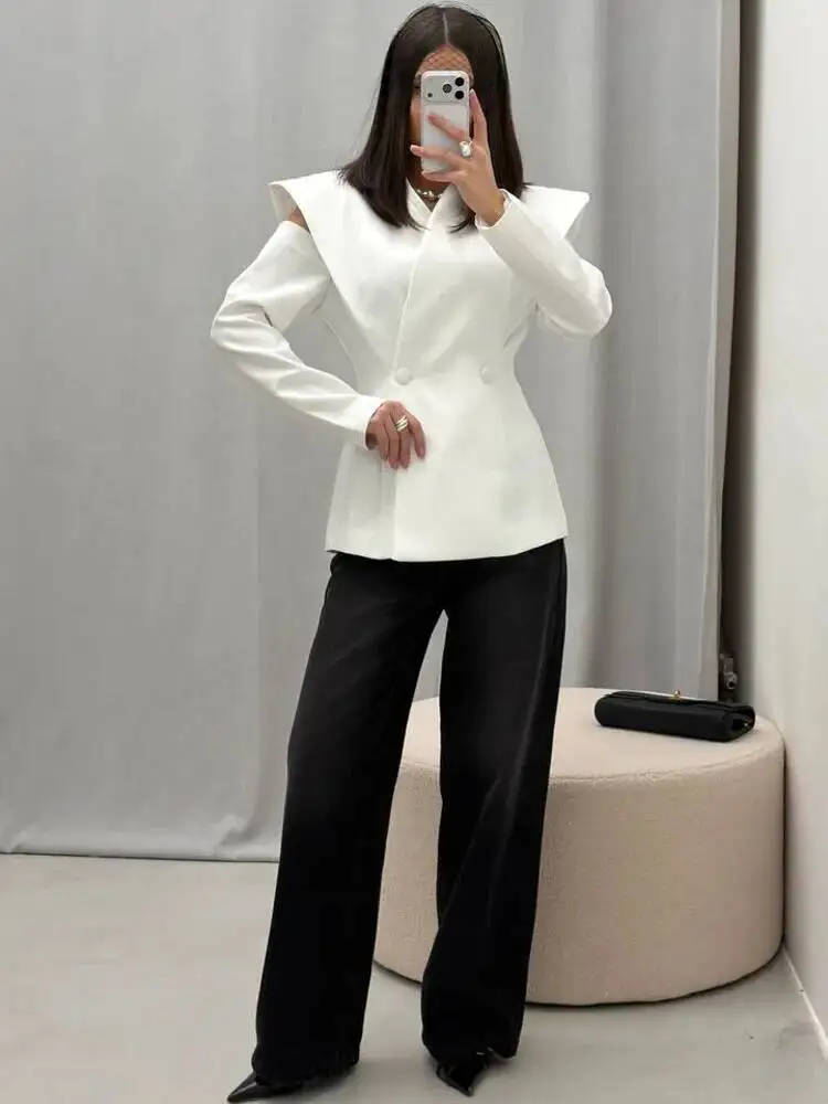 Laur2026 Women Off Shoulder Blazer Asymmetric Collar Long Sleeve Slim Fit Double Breasted Elegant Formal Party Office Jacket