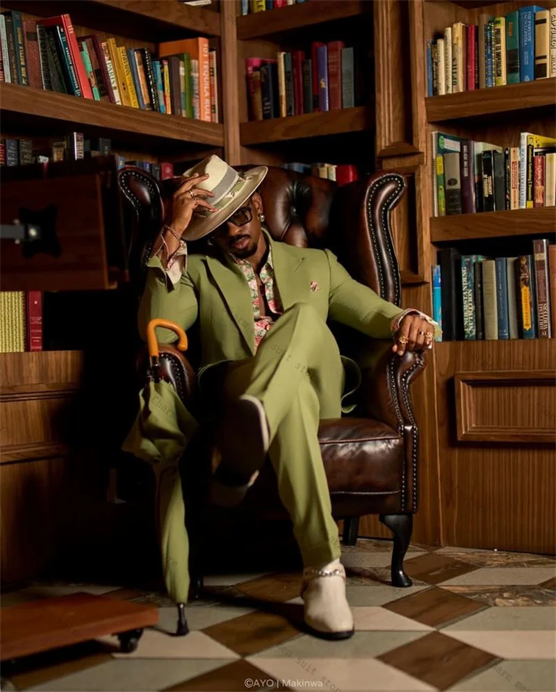 

Fashion Green Men Suits Set 2 Pieces Blazer+Pants Trousers Wedding Tuxedos Formal Office Cotton Groom Prom Jacket Cotton Coat