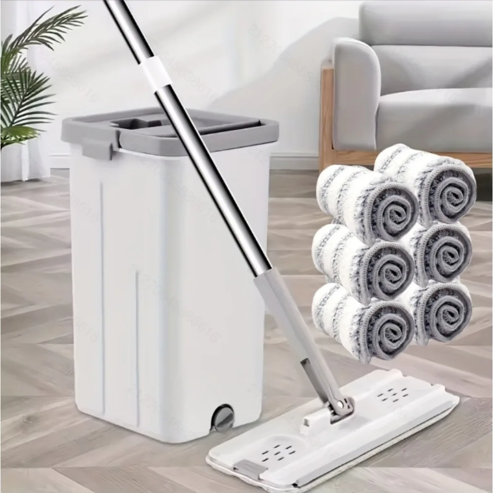 1 Set Hands-Free Flat Mop Bucket Kit,6 Microfiber Pads,360° Rotatable Head,Wet Dry Mopping,Bucket Scraper Cleaning Tools