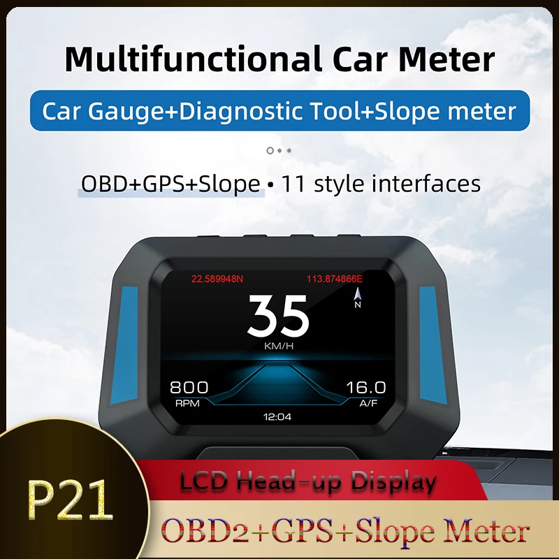 Car HUD P21 Head up Display OBD+GPS+Slope Meter Multifunction Screen On Board Computer 4X4 Inclinometer Smart Diagnostic Tool 