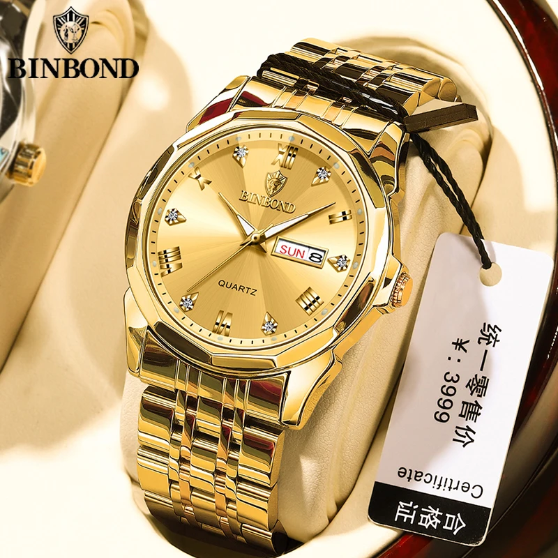 BINBOND Men's Watches Rhombus Mirror Original Quartz Watch for Man Waterproof Luminous Stainless Steel Wristwatch Male Date Week
