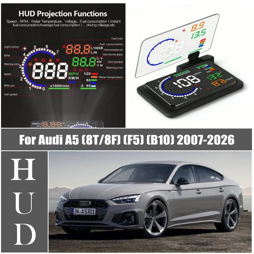 

Проекционный дисплей HUD на лобовое стекло с LED-подсветкой для Audi A5 (8T/8F) 2007-2016 (F5) 2016-2024 (B10) 2024-2026