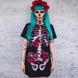 Halloween Women's Gothic Skull Bones Cosplay Party Costume Skeleton Printed Short Sleeve Mini Dress Horrible Streetwear