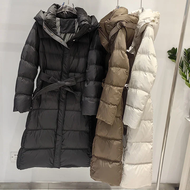 Schinteon 여성용 화이트 덕 다운 롱 재킷, 따뜻한 오피스 레이디 슬림 아웃웨어, 후드 벨트 포함, 심플 스타일, 가을, 겨울, 2024 신상