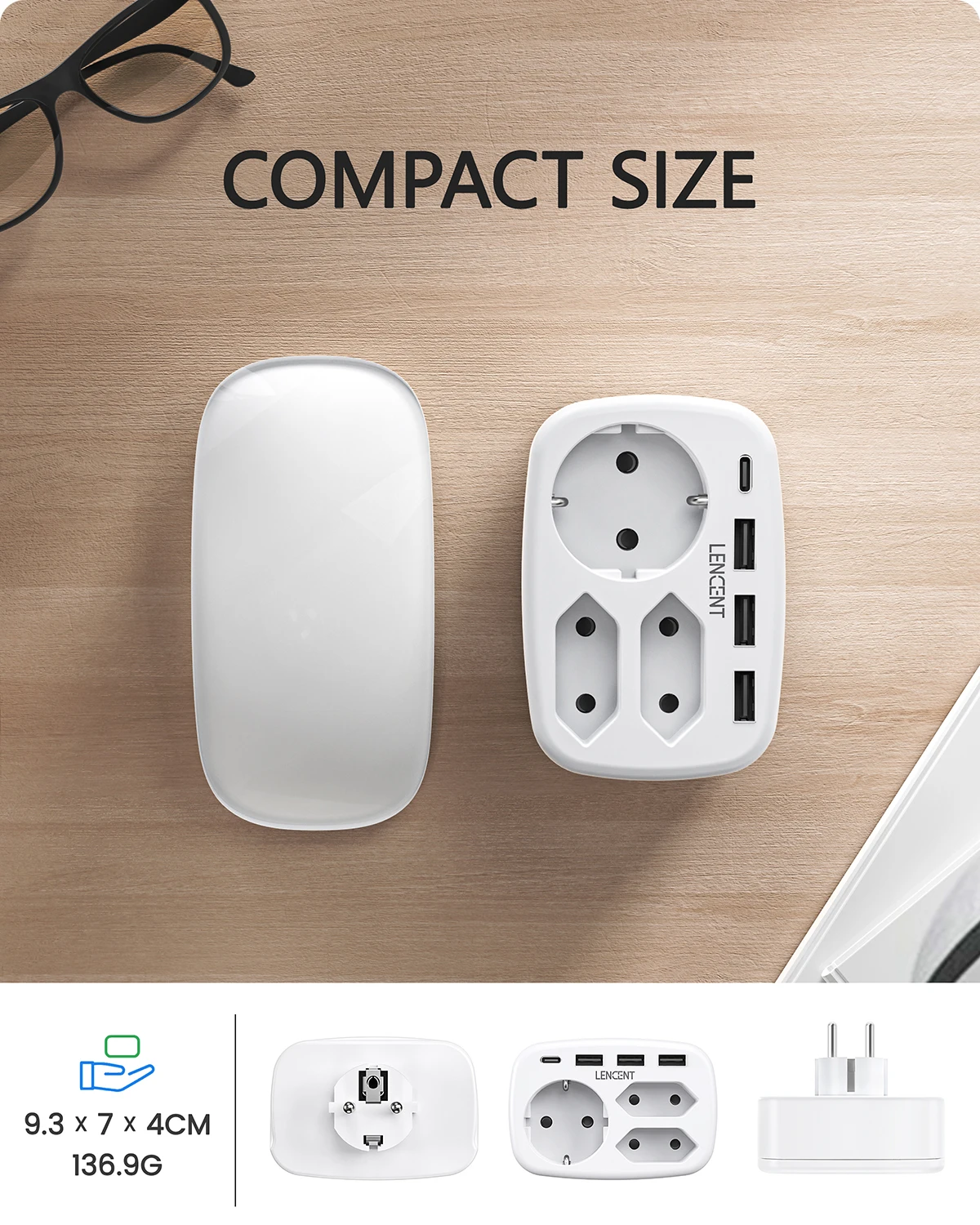 LENCENT EU Plug Multiple Wall Socket Extender z 3 gniazdami AC 3 portami USB i 1 adapterem wtyczki typu C7-in-1 do domu i biura