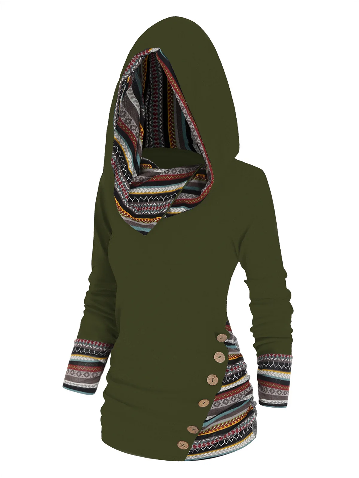 Womens Hoodies Striped Patchwork Hooded Knitted Long Sleeved Button Top Womens Casual T-shirt