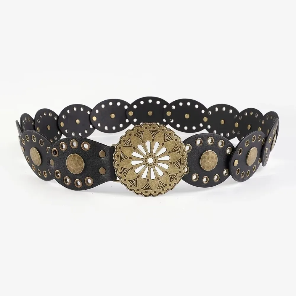 Trendy Retro Design Breiten Gürtel Persönlichkeit Runde Western Cowboy Taille Strap Hohl Metall PU Leder Hosen Kleid Gürtel Für Frauen