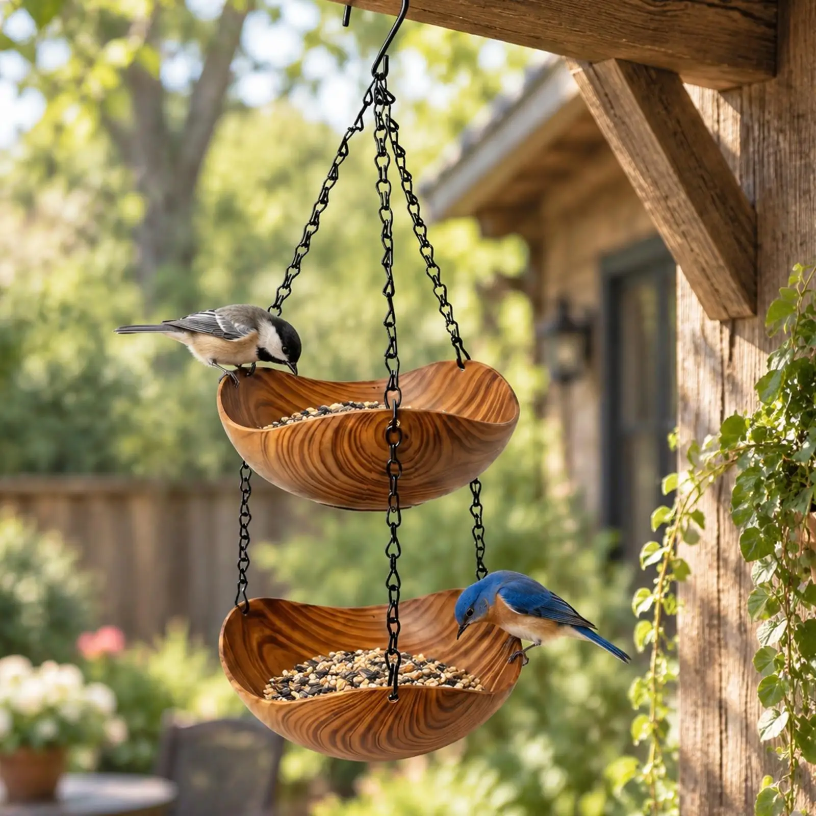 Outdoor Hanging Bird Feeder for Birds with Metal Hook and Chain Rust Resistant Plastic Tray for Yard