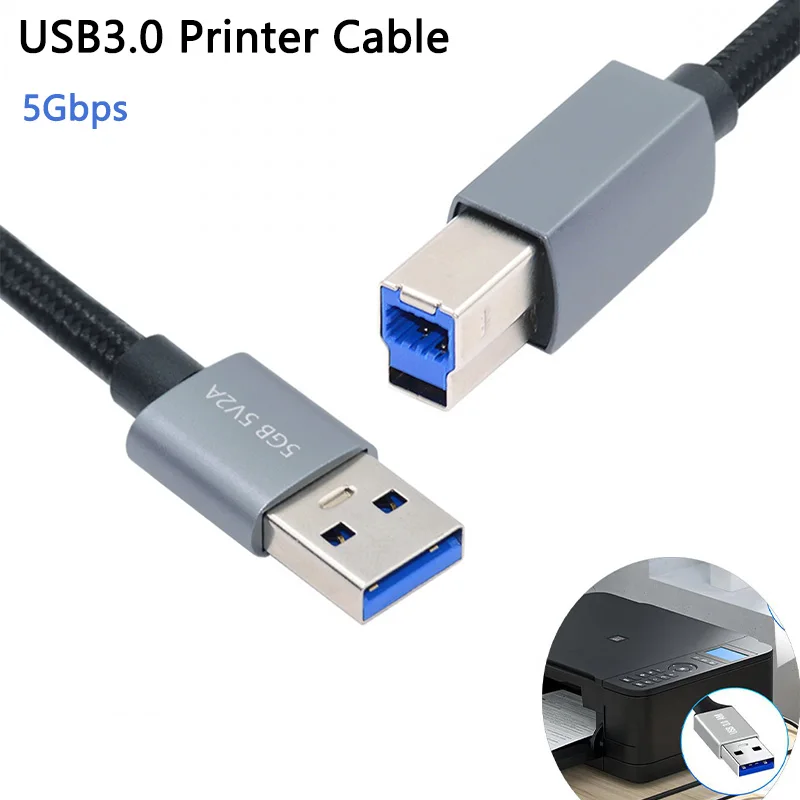 MDR 5Gbps USB3.0 Printer Cable USB 3.0 Type-A Male to Standard 3.0 B Male Cable Silver 5Gbps for Disk SSD Camera Data 30cm