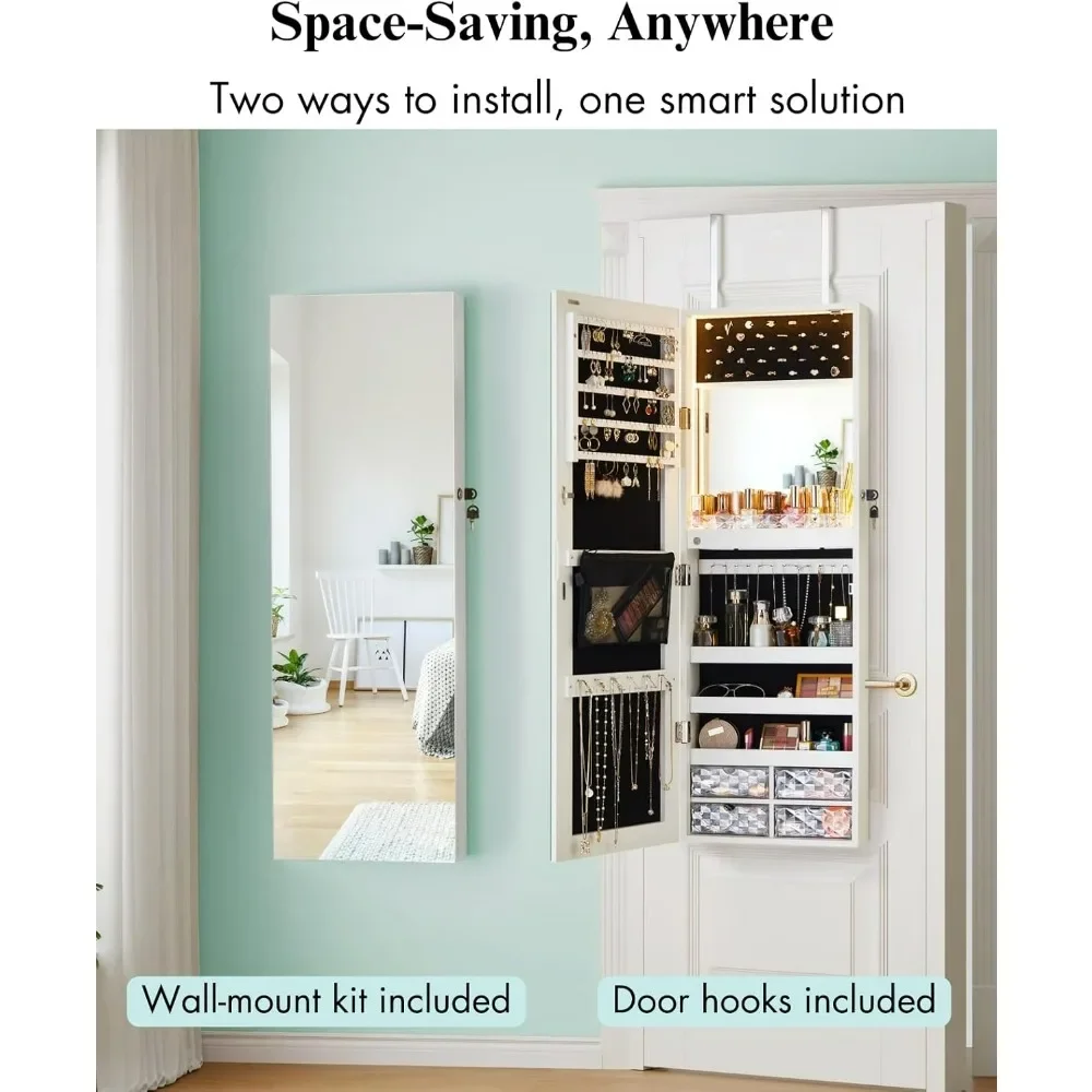 

LED Lights Mirror Jewelry Cabinet Wall Mounted or Door-Hanging, Built-in Makeup Mirror, 42" Full Length Mirror with Storage