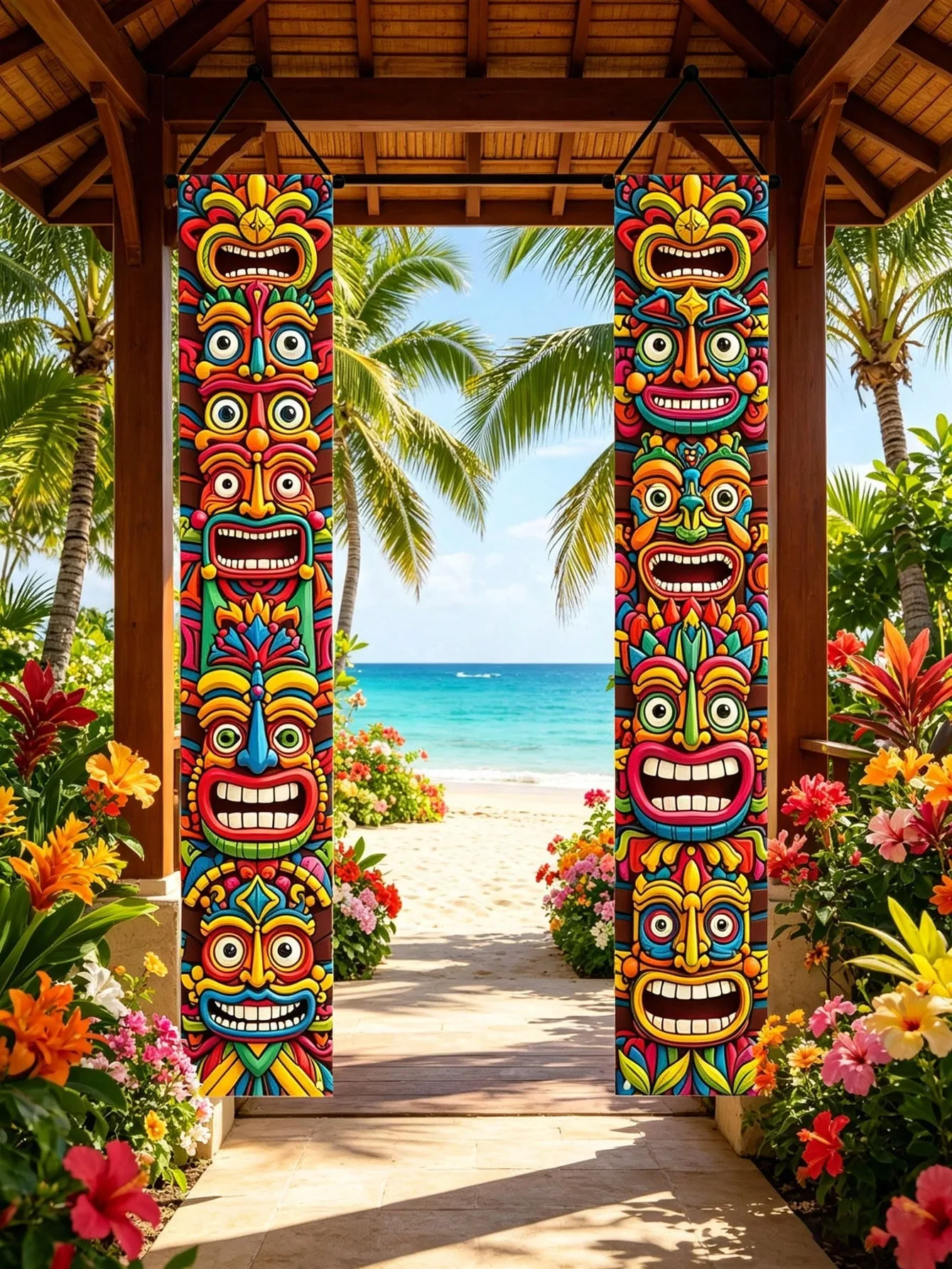 Tiki-Totem-Türbanner mit buntem Tribal-Masken-Druck, Veranda-Schild für hawaiianische Luau-Party, Sommer, tropische Bar, Strand- und Heimdekoration