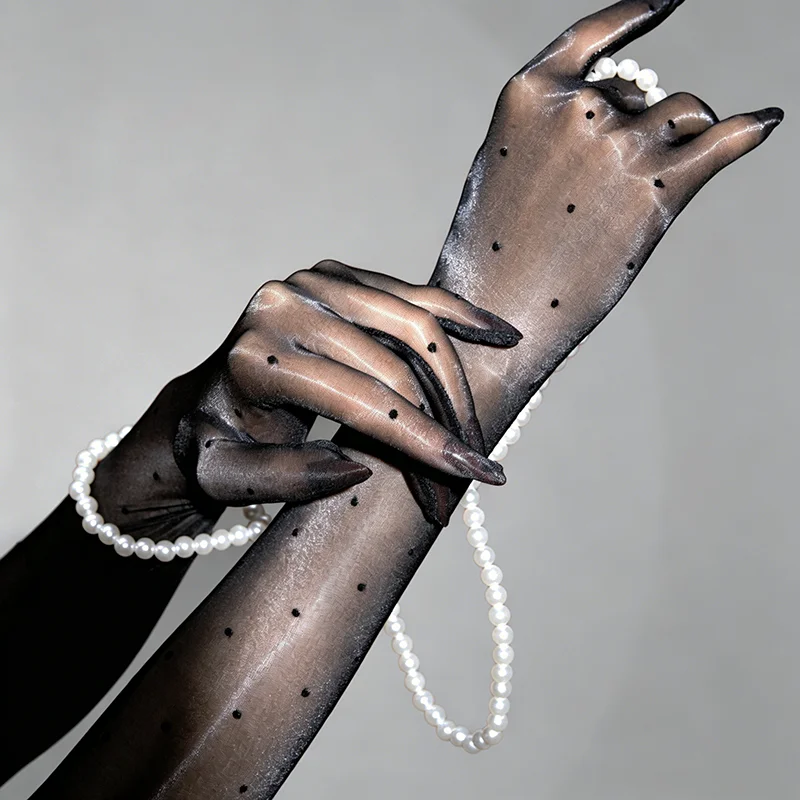 Fashion Retro Aurora Dot Oil Shiny Glossy Thin Women Sexy Five Finger Long Gloves Wedding Party Elastic Tight Stockings Mittens