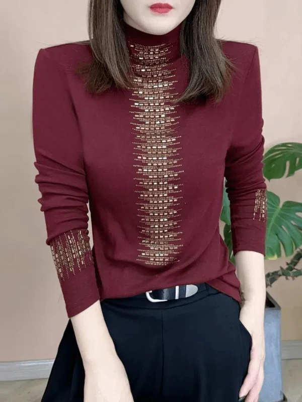 

Модный женский топ с высоким воротником из бархата, осенне-зимняя новинка, элегантный, скрывающий живот, с бриллиантовой отделкой