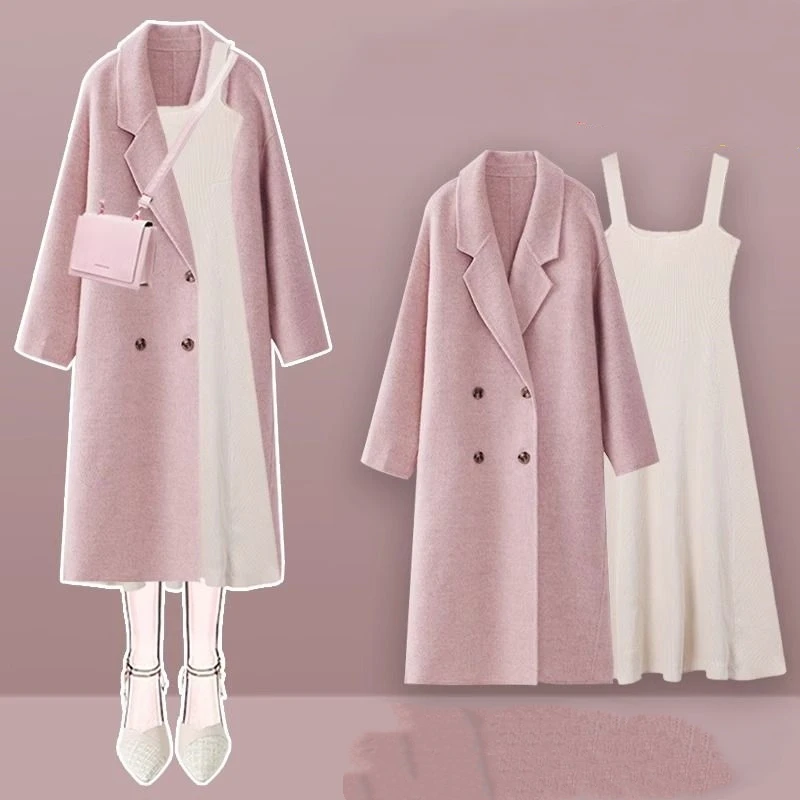 

Women Spring Autumn French Graceful Pink Woolen Coat Knit Tank Dress Two Piece Set Lady Loose Long Jacket Sleevless Dresses Suit