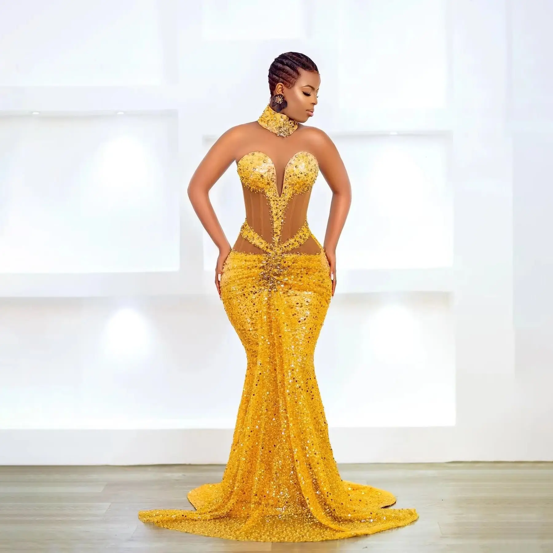 

Желтые платья русалки больших размеров для выпускного вечера для особых случаев, украшенные бисером и кристаллами, расшитые блестками, вечерние, официальная вечеринка, второе приема