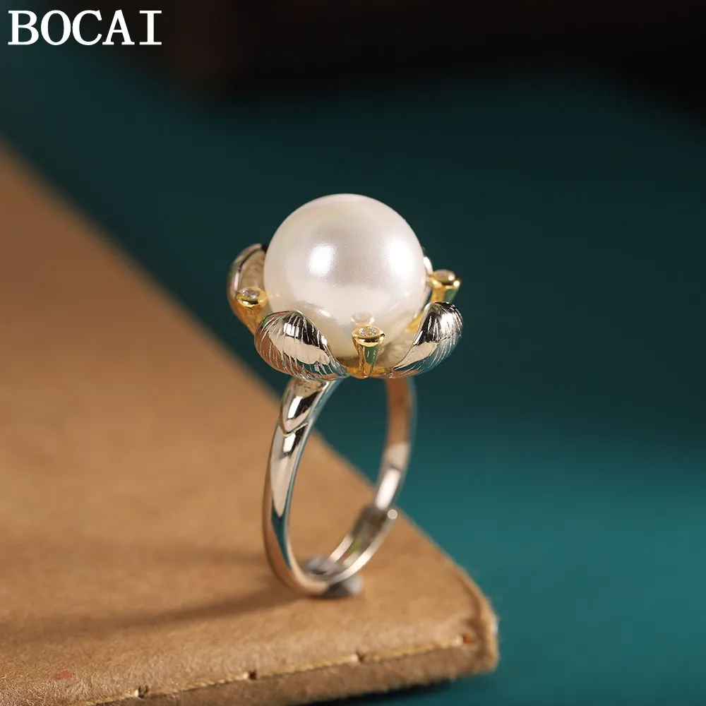 

BOCAI S925 Sterling Silver Charms Rings for Women New Fashion Contrast Colored Flower Inlaid Freshwater Pearl Jewelry