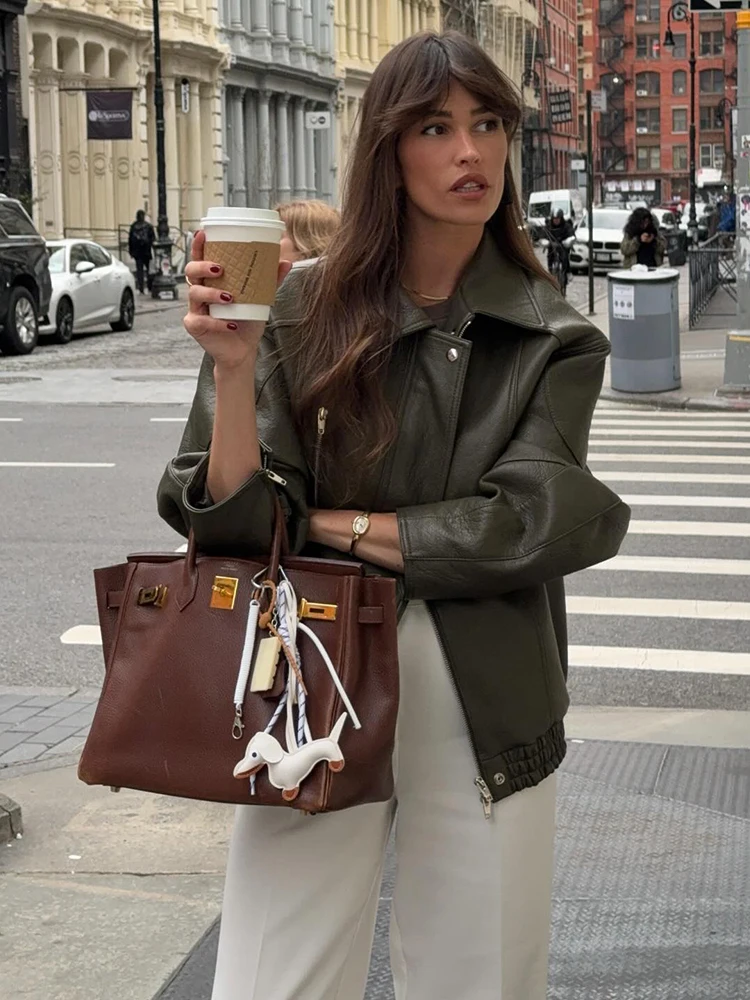 Green Zipper Leather Jacket Women Casual Stand Coller Long Sleeve Loose Coat Chic 2025 Lady Autumn Outerwear Daily Street Coats