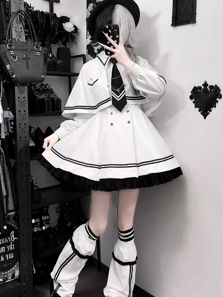 Sweet School Uniform Style Long Sleeve Dress with Waist Cinching Slimming Dark Little Witch Outfit Star Ray Command Playful L...