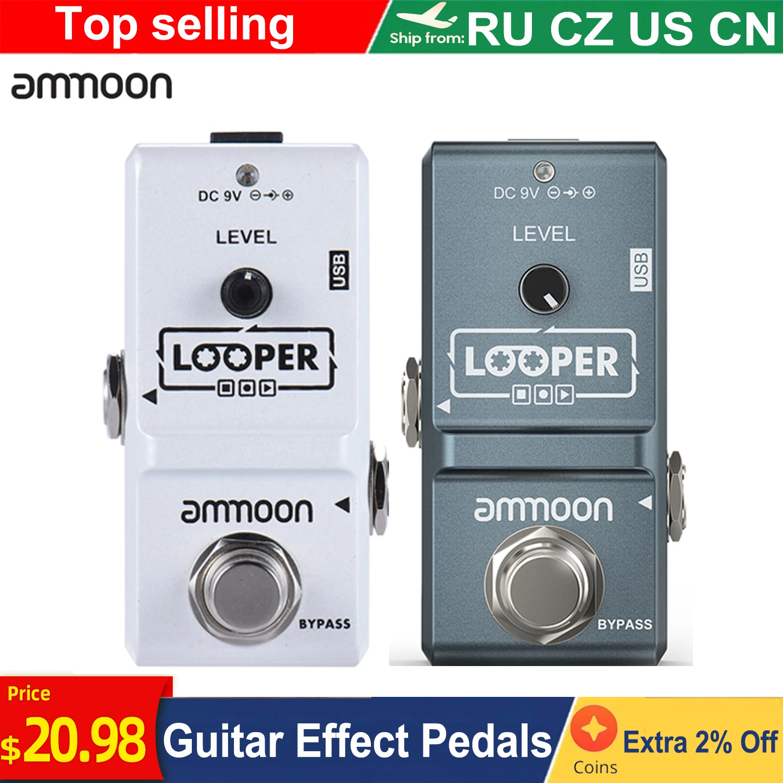 ammoon Nano Loop Pedal Electric Guitar Effect Pedals Looper True Bypass Unlimited Overdubs 10 Minutes Recording with USB Cable