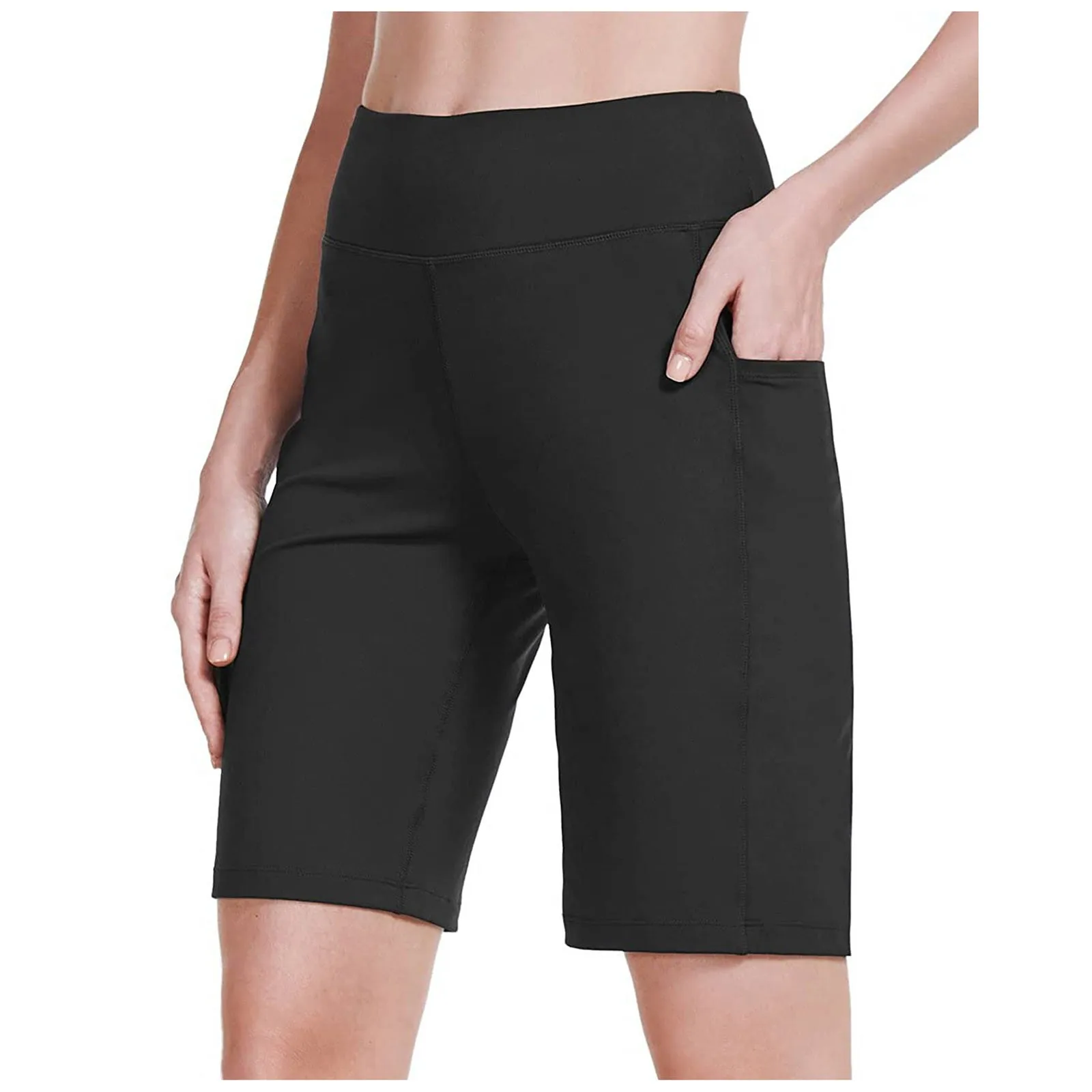 High Waist Shorts With Pockets Knee Length Biker Women Fitness Yoga Workout Activewear Sport Trousers Casual Summer Bottoms T1