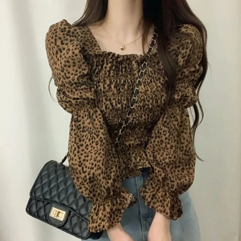 

Floral Long Sleeve Blouse Women 2025 Spring Leopard Print Folds Waist Slim Fit Crop Top Vintage Fashion All Match Shirt