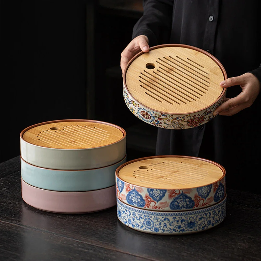 Chinese Ruyao Blue-and-white Ceramic Tea Tray Kung Fu Tea Set Drain Water Dry Tea Table Round Bamboo Cover Ceramic Tray