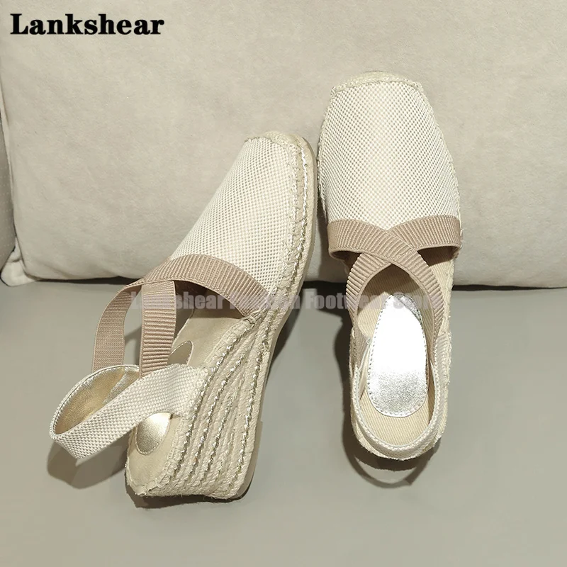 Pink Beige Espadarille Platform Wedge Sandals Women Slingback Straw Heels Pink Round Toe Casual Pump Slip On Dress Shoes