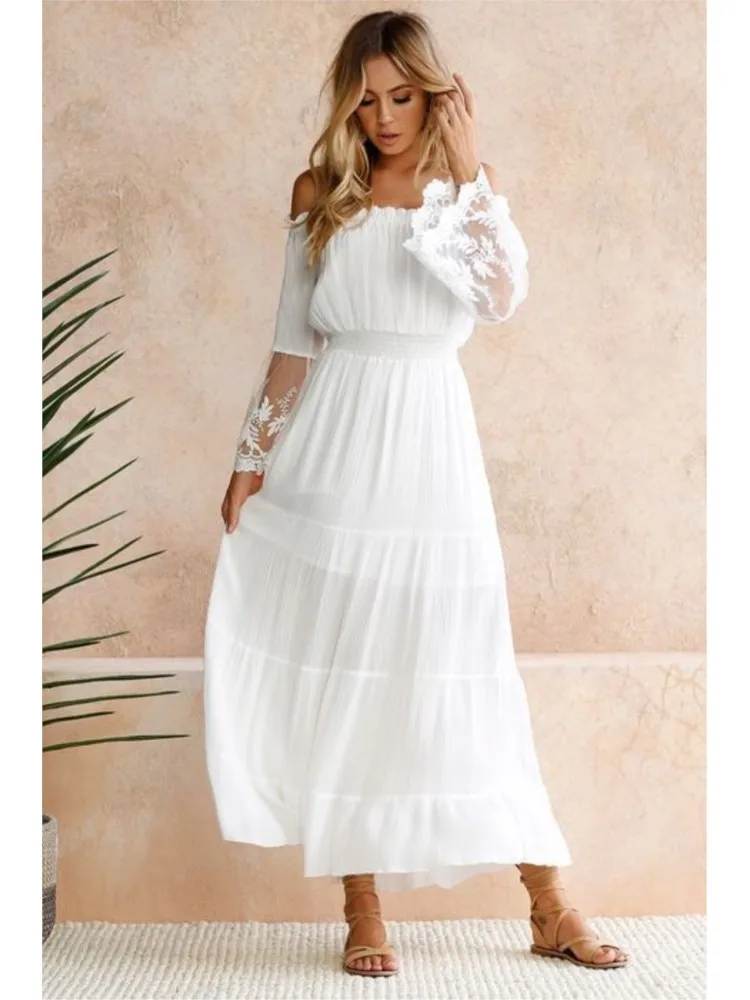 فستان صيفي أنيق بلون واحد للنساء فساتين بوهيمية مثيرة بدون حمالات للخريف من الدانتيل على طراز عطلة الشاطئ على شكل حرف a فساتين للسيدات #1