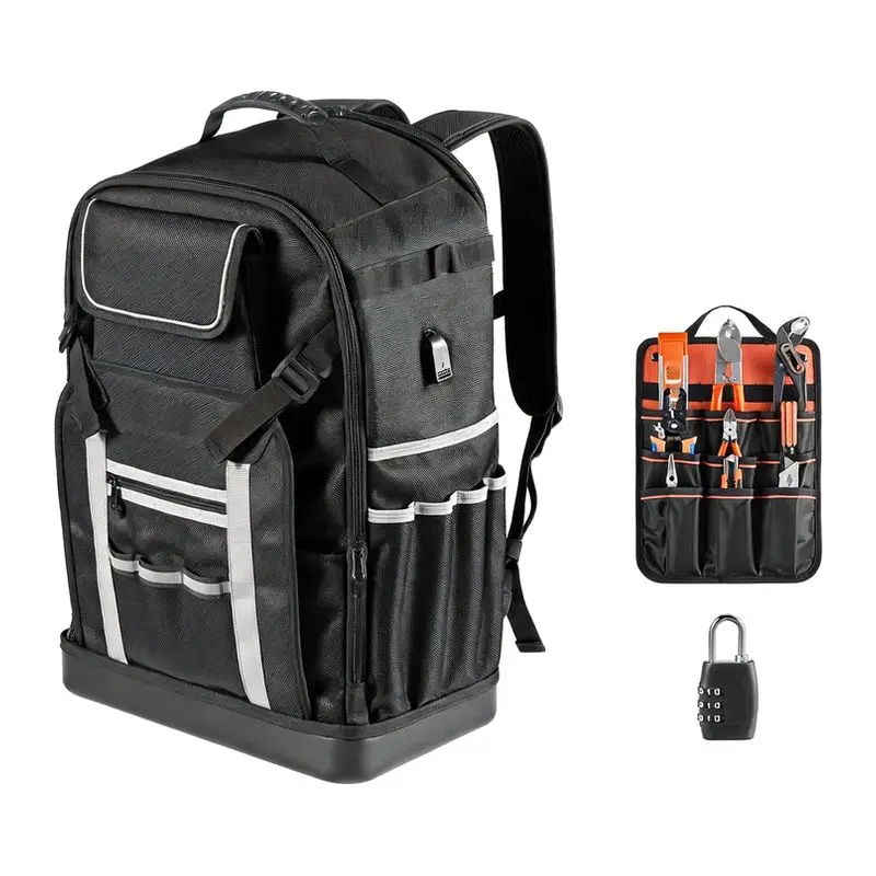 Heavy Electrician Worksite Tool Backpack with 56 Pockets, Molded Rubber Base, Logo Storage Bag