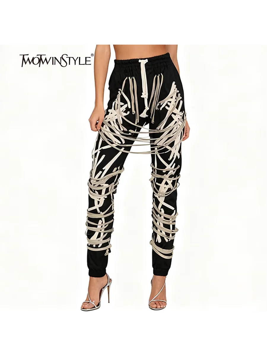 TWOTWINSTYLE Hit Farbe Gespleißt Strap Mode Hosen für Frauen Hohe Taille Patchwork Spitze Up Streetear Hose Weibliche Kleidung Neue
