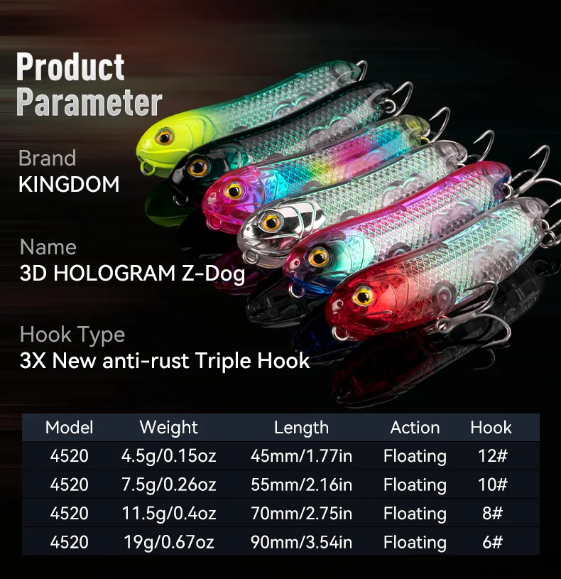 Kingdom Topwater Angelköder 4,5g 7,5g 11,5g 19g Schwimmender Pencil-Köder 3D Hologramm Z-Dog Weitwurf-Hardbaits Oberflächenköder – Detail 7