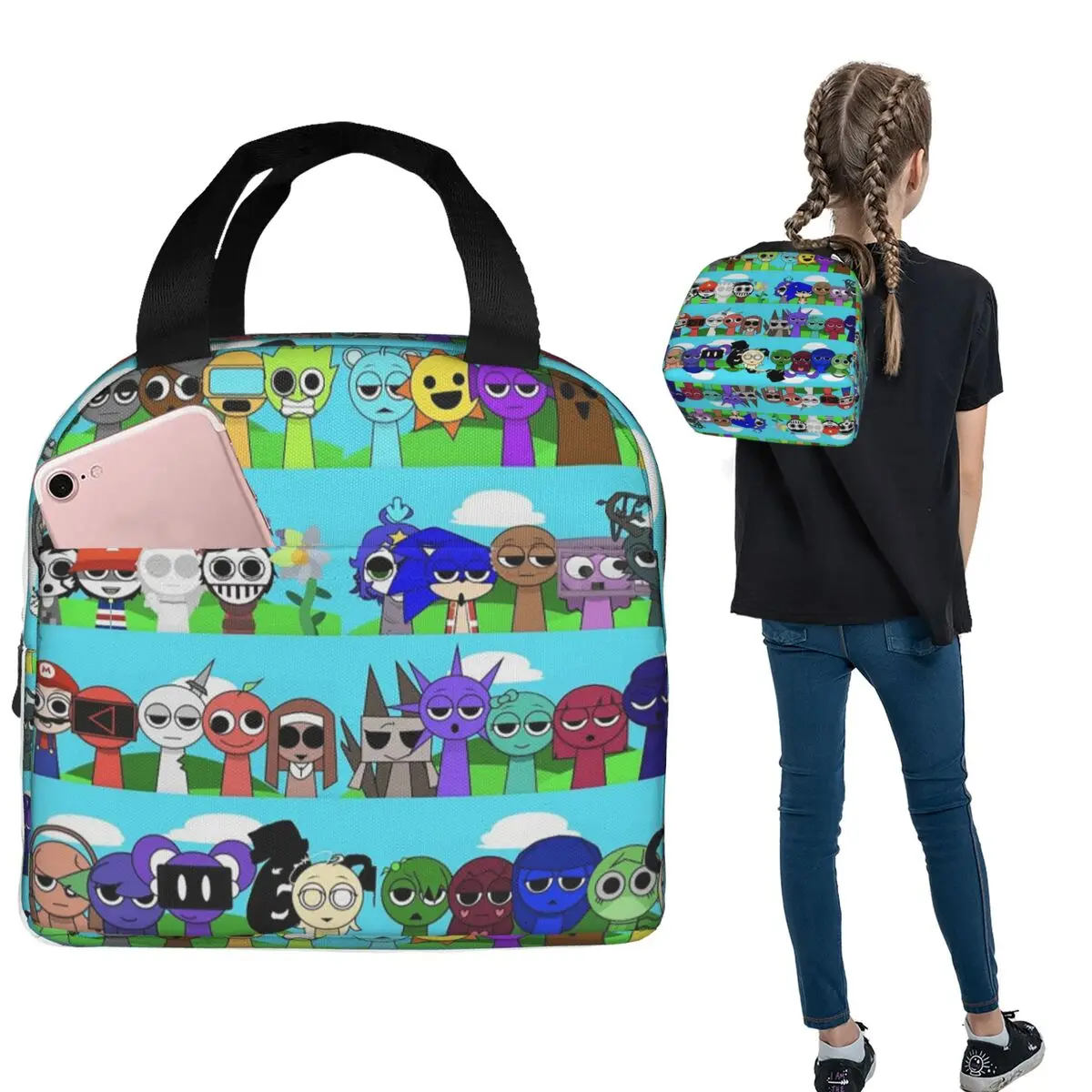 

Сумки для обеда с героями мультфильмов Sprunki, изолированная коробка для бенто, портативная сумка для обеда, многоразовая термосумка-холодильник для женщин и детей, путешествия