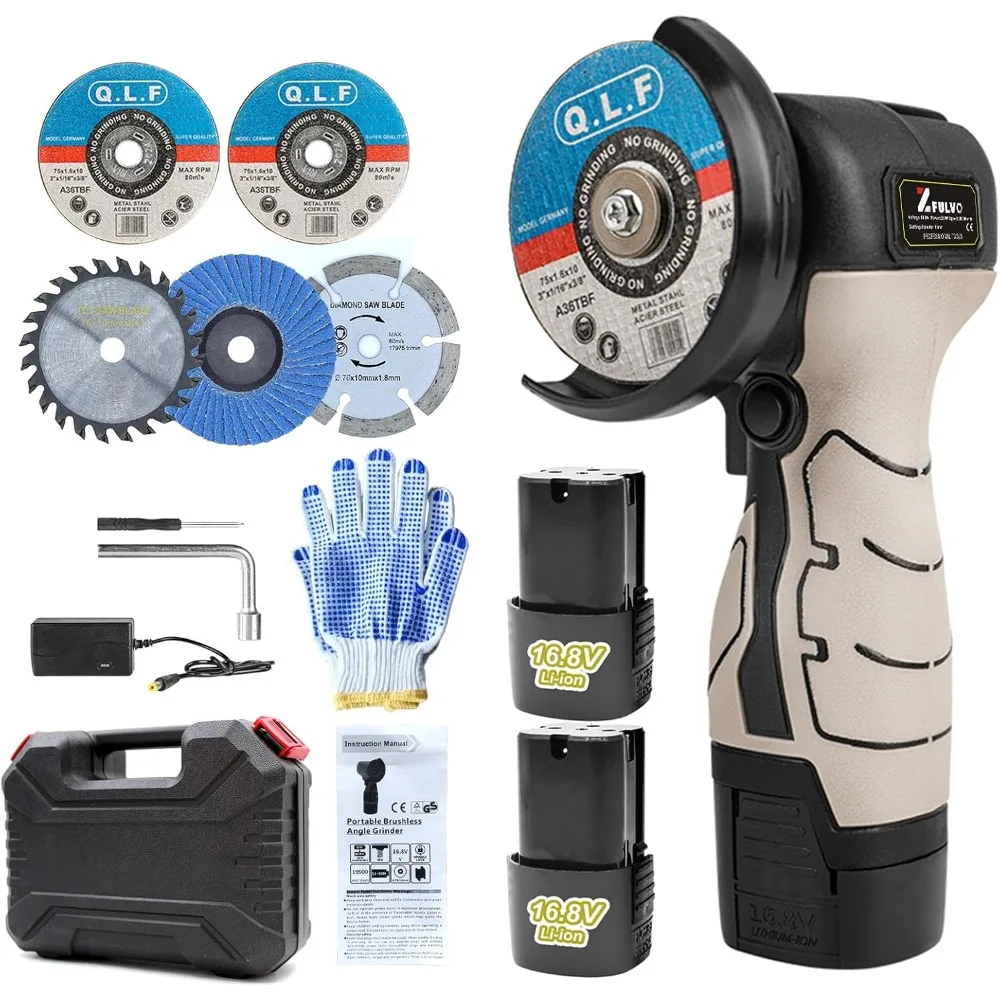 

Cordless Brush Angle Grinder Kit, 19500rpm Mini Electric Angle Grinding Tool with 2pcs 16.8V 2000mAh Batteries and 5-Cutting