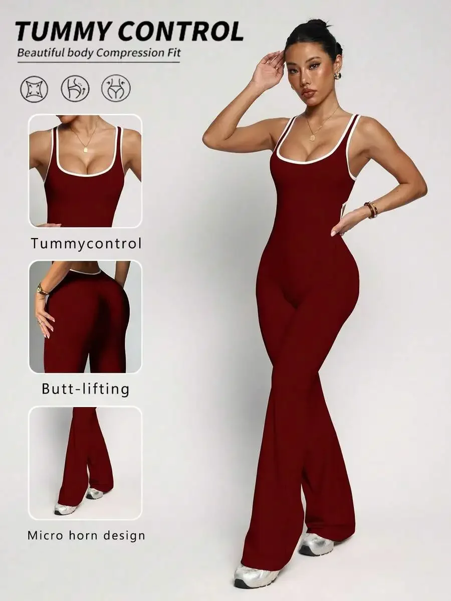 

Burgundy Tummy Control Jumpsuit With Micro Horn Hem, Butt-Lifting Flare Leg Design, Cinched Waist Backless Activewear