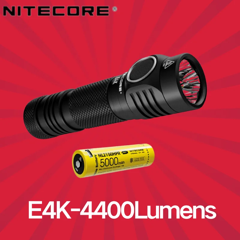 NITECORE E4K 4400Lumens Compact LED EDC Flashlight 8 Lighting Modes With NL2150HPR 18650 Battery Self-defense Troch Lantern