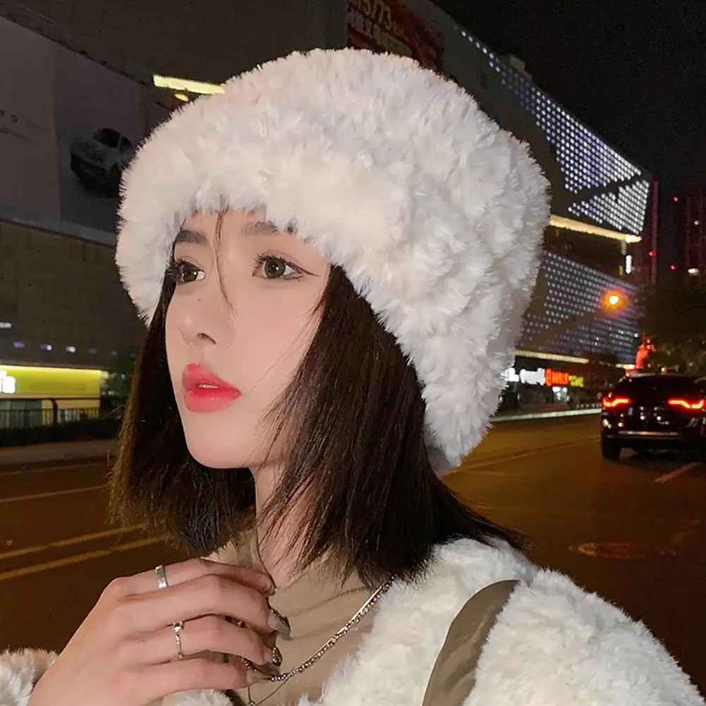 Winter Fluffy Fur Hat for Women Brimless Winter Hat Warm Beanie Hat Korean Fashion Plush Warm Benines Ear Cold Cap