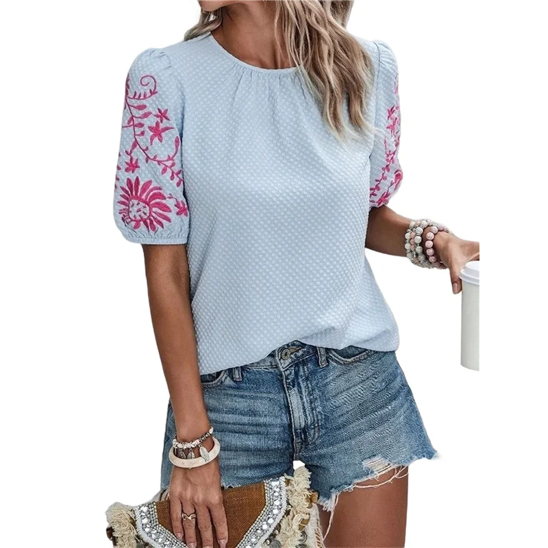 ABRT-Tops con textura bordada Floral para mujer, blusas informales holgadas con bordado liso y manga corta abombada con cuello redondo, camisas