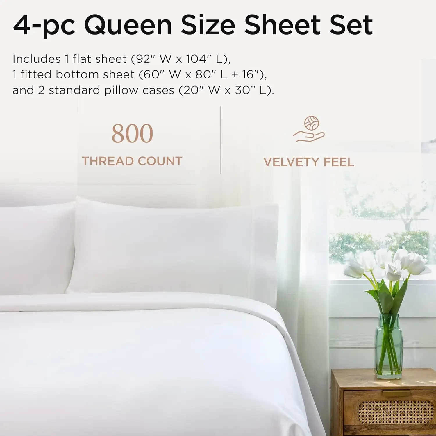 Queen Sheet Set 800 Thread Count for Queen Size Bed - Hotel White Sateen Queen Bed Sheets, Better Than Egyptian Cotton,4 Pc Soli