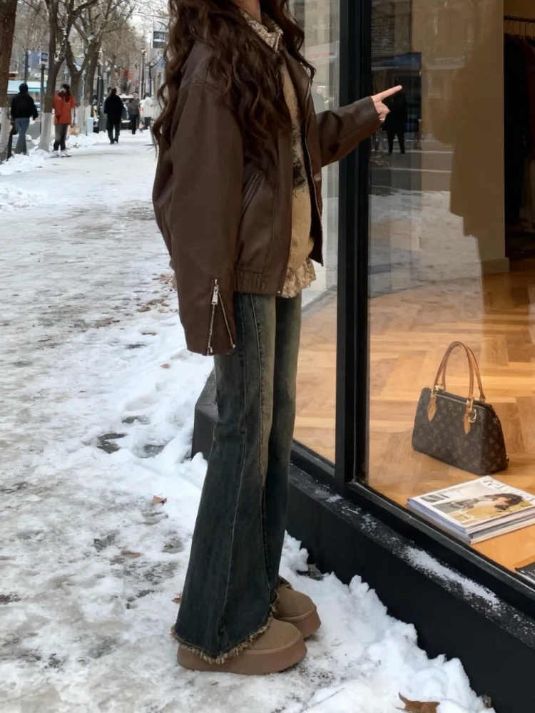 Fce doublé jean évasé femme automne hiver taille haute pantalon à jambes larges Bootcut Denim Skinnifng pour corps poire aped