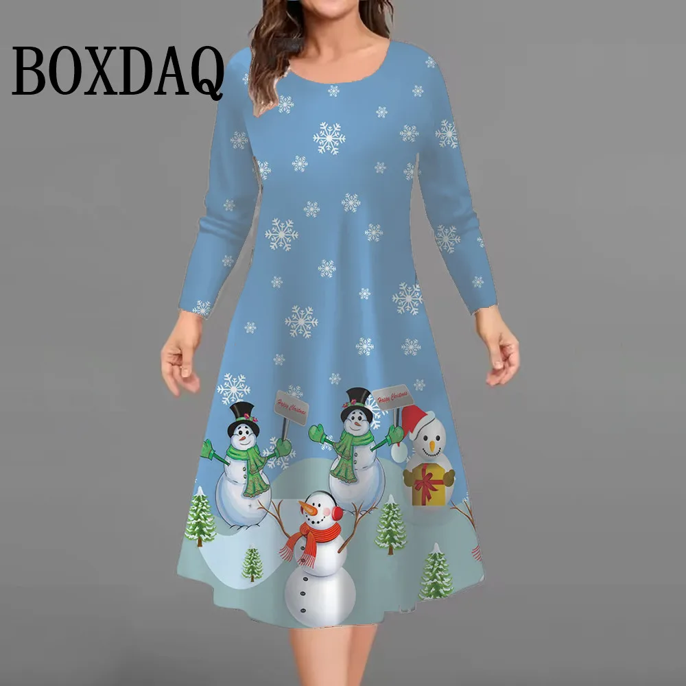 

Рождественская елка Снеговики Вечерние платья для женщин 2025 Плюс Размер Зимнее платье с длинным рукавом Модное милое повседневное свободное платье трапециевидной формы 9XL
