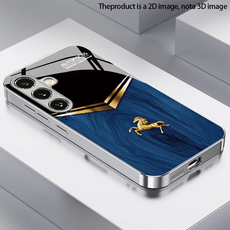 2D Gold Horse Pattern Phone Case for Samsung S26 S25 S24 S23 S22 S21 S20 A56 A36 A16 - Electroplated Glass Protective Cover