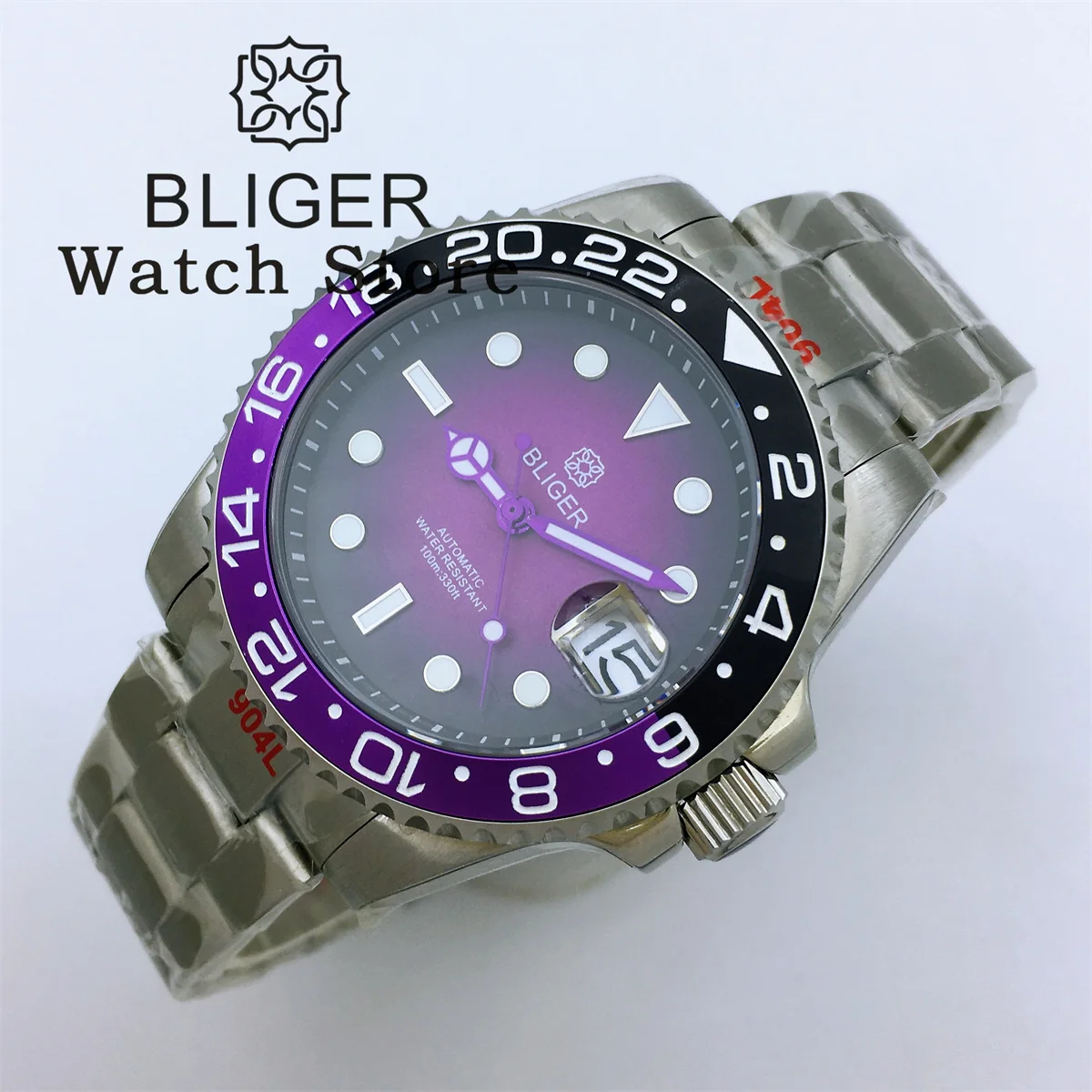 BLIGER 40mm NH35 Automatic Dive Watch For Men Ceramic Black Purple Luminous Bezel Luminous Chapter Ring Sapphire Deepwaterproof