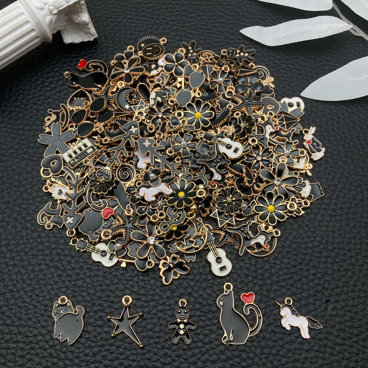 Mixed Black Gold Enamel Charms Bulk - 20/50/100Pcs Assorted Animal Flower Guitar Pendants for DIY Jewelry Making view 2