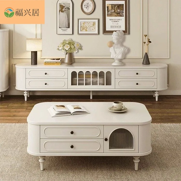 New Chinese TV Cabinet Simple Medieval TV Cabinet Solid Wood French Retro Home Tea Table Two-piece Set Side Cabinet