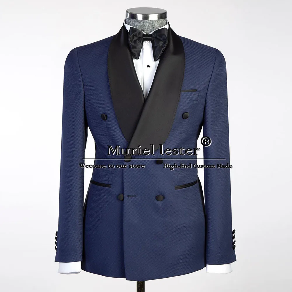 

Elegant Men's Navy Blue Suits Business Daily Double Breasted Jacket Pants 2 Pieces Bridegroom Tuxedos Tailored Formal Party Coat